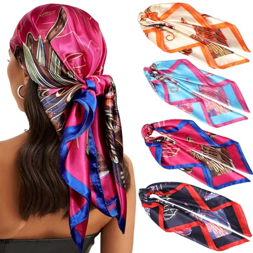 WELROG 90x90cm Großes Quadratisches Kopftuch - 4er Pack Bandana Damen Seidentuch Haartuch Frauen zum Binden Halstuch von WELROG