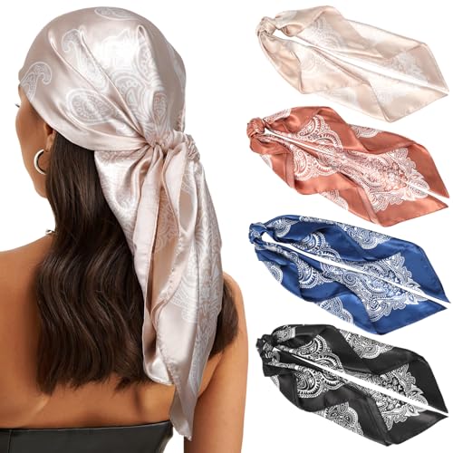 WELROG 90×90cm Große Quadratische Kopftuch Damen - 4 Stück Bandana Damen Seidentuch Haare Haartuch Frauen zum binden Halstuch Damen von WELROG