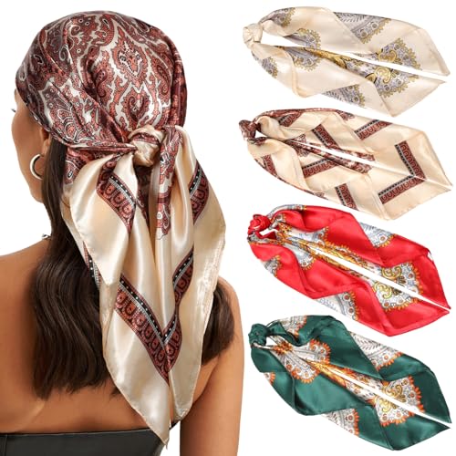 WELROG 90×90cm Große Quadratische Kopftuch Damen - 4 Stück Bandana Seidentuch Haare Haartuch Frauen zum Binden Halstuch von WELROG