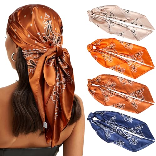 WELROG 90×90cm Große Quadratische Kopftuch Damen - 4 Stück Bandana Seidentuch Haare Haartuch Frauen zum Binden Halstuch von WELROG
