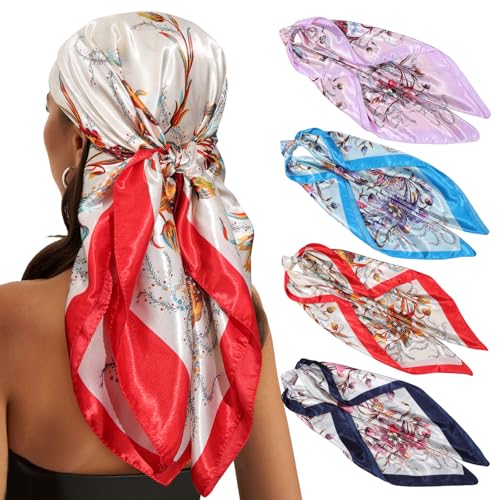 WELROG 90×90cm Große Quadratische Kopftuch Damen - 4 Stück Bandana Damen Seidentuch Haare Haartuch Frauen zum binden Halstuch von WELROG