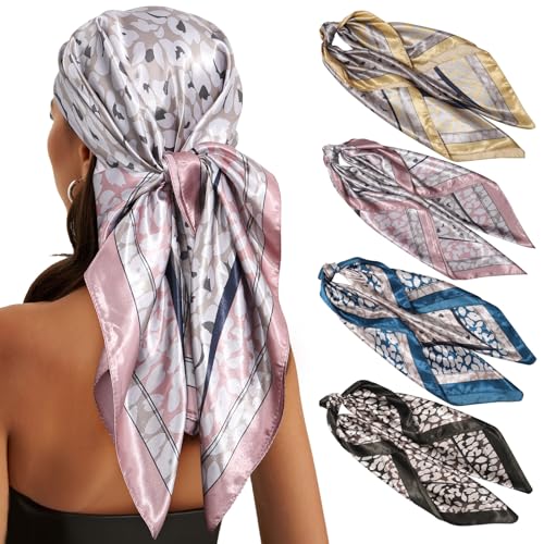 WELROG 90×90cm Große Quadratische Kopftuch Damen - 4 Stück Bandana Damen Seidentuch Haare Haartuch Frauen zum binden Halstuch von WELROG