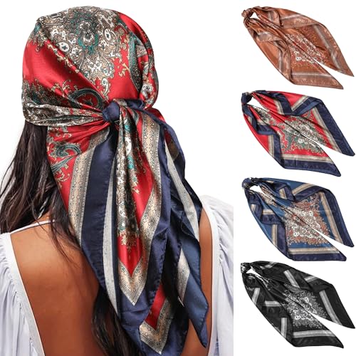 WELROG 90x90cm Große quadratische Fleckschals für Damen 4 PCs Frauen Seidig wie Kopftuch Bandanas Haarschal Halstuc Schlafringe (Set #12) von WELROG