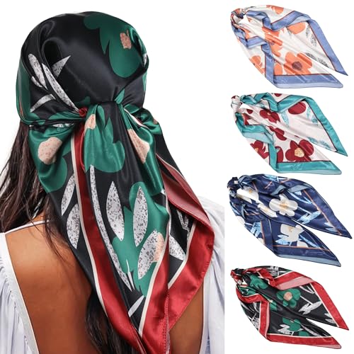 WELROG 90x90cm Große quadratische Fleckschals für Damen 4 PCs Frauen Seidig wie Kopftuch Bandanas Haarschal Halstuc Schlafringe (Set #13) von WELROG