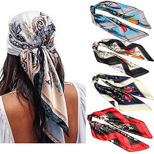 WELROG 90x90cm Große quadratische Fleckschals für Damen 4 PCs Frauen Seidig wie Kopftuch Bandanas Haarschal Halstuc Schlafringe (Set #4) von WELROG