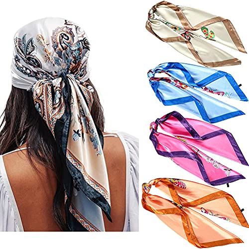 WELROG 90x90cm Große quadratische Fleckschals für Damen 4 PCs Frauen Seidig wie Kopftuch Bandanas Haarschal Halstuc Schlafringe (Set #5) von WELROG