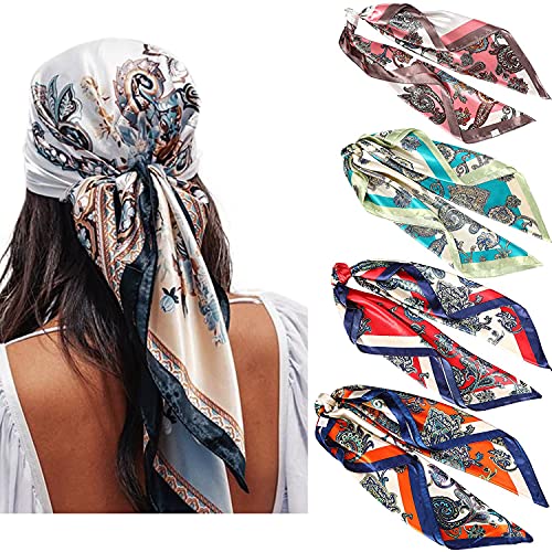 WELROG 90x90cm Große quadratische Fleckschals für Damen 4 PCs Frauen Seidig wie Kopftuch Bandanas Haarschal Halstuc Schlafringe (Set #7) von WELROG