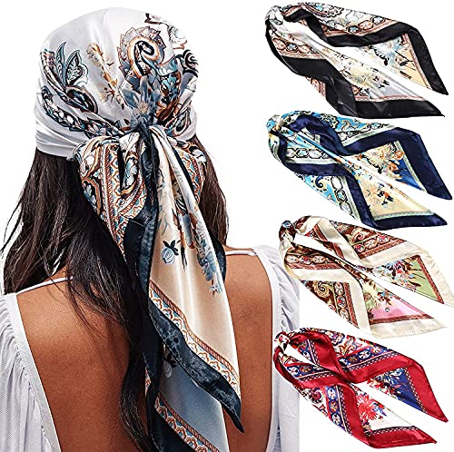 WELROG 90x90cm Große quadratische Fleckschals für Damen 4 PCs Frauen Seidig wie Kopftuch Bandanas Haarschal Halstuc Schlafringe (Set #8) von WELROG