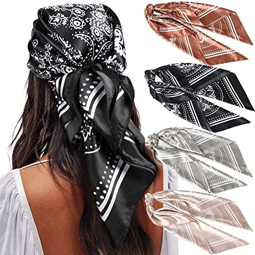 WELROG 90x90cm Große quadratische Fleckschals für Damen 4 PCs Frauen Seidig wie Kopftuch Bandanas Haarschal Halstuc Schlafringe (Set #9) von WELROG