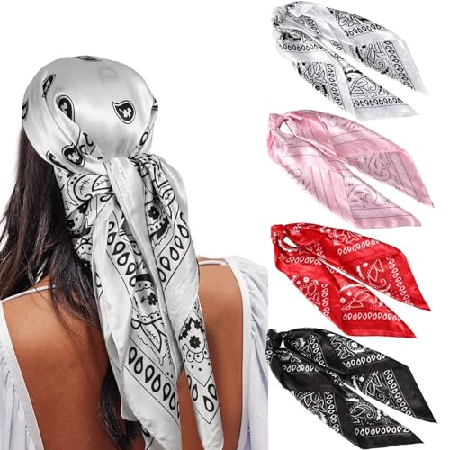 WELROG 90x90cm Große quadratische Fleckschals für Damen 4 PCs Frauen Seidig wie Kopftuch Bandanas Haarschal Halstuc Schlafringe von WELROG
