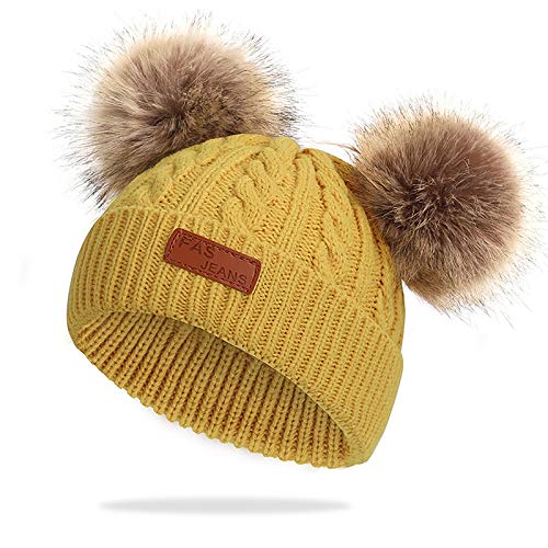 WELROG Baby-Winter-warme Strickmütze-Säuglingskleinkind Kinderhäkelarbeit-Pelz Hairball Beanie-Hut Pom Pom Beanie Baby Jungen Mädchen (Gelb) von WELROG