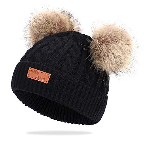 WELROG Baby-Winter-warme Strickmütze-Säuglingskleinkind Kinderhäkelarbeit-Pelz Hairball Beanie-Hut Pom Pom Beanie Baby Jungen Mädchen (Schwarz) von WELROG