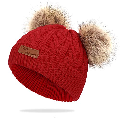 WELROG Baby-Winter-warme Strickmütze-Säuglingskleinkind Kinderhäkelarbeit-Pelz Hairball Beanie-Hut Pom Pom Beanie Baby Jungen Mädchen (rot) von WELROG