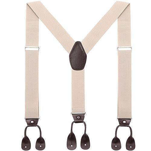 WELROG Herren Hosenträger breit mit Leder Knopfloch - Elastische und verstellbare Länge Y Form mit 6 Tasten für Herren (Khaki) von WELROG