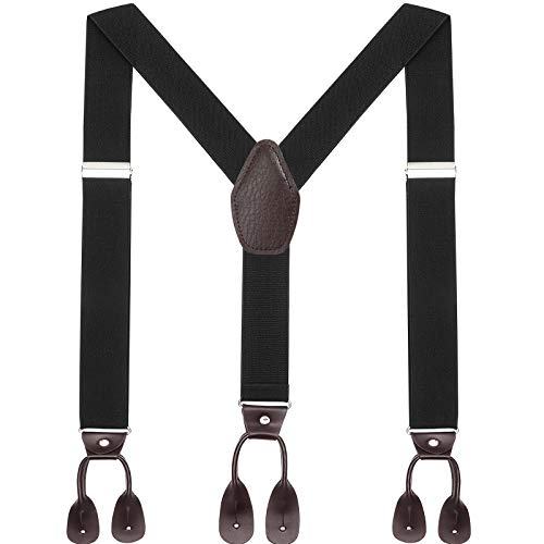 WELROG Herren Hosenträger breit mit Leder Knopfloch - Elastische und verstellbare Länge Y Form mit 6 Tasten für Herren (Schwarz) von WELROG