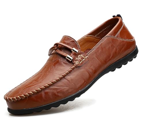WELRUNG Herren Casual Echtleder Slip On Soft Driving Walking Schuhe Penny Loafer Flats Schuhe, dunkelbraun, 41 EU von WELRUNG