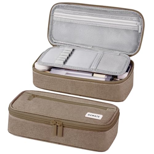 WEMATE Großes Federmäppchen, großes Fassungsvermögen, Federmäppchen, Schreibwaren, Stifttasche, Aufbewahrung, hohe Kapazität, Beutel, Organizer, Marker, Stifteetui für Damen und Herren, Braun von WEMATE