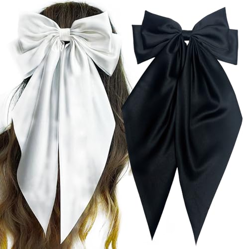 WENANA Haarschleifen für Damen, 2 Stück, große Haarschleifen, seidige Satin-Haarbänder, übergroßer langer Schwanz, schwarze Haarschleife, weiße Haarschleife, große Haarschleife, Haarspangen, WENANA Haarschleifen für Damen, 2 Stück, große Haarschleifen, seidige Satin-Haarbänder, übergroßer langer Schwanz, schwarze Haarschleife, weiße Haarschleife, große Haarschleife, Haarspangen, von WENANA