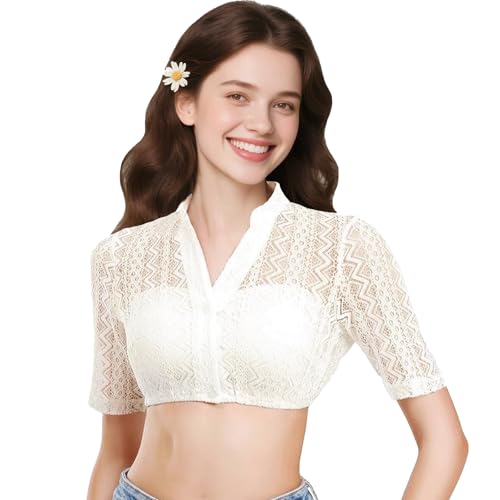 WENAUANG Damen Dirndlbluse Spitze, Traditionelle Trachten Dirndlbluse Zum Knöpfen, Dehnbar Dirndlbluse Weiß Kurzarm mit V-Ausschnitt für Oktoberfest, Dirndl Bluse Damen (S/M/L/XL) von WENAUANG