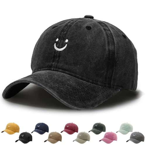 WENAUANG Retro Damen Baseball Cap Baumwolle, Mit Smiley-Stickerei, Basecap Im Washed-Distressed-Look, Schatten Spenden Cap, Geeignet für Outdoor-Sportarten, für Herren und Damen von WENAUANG