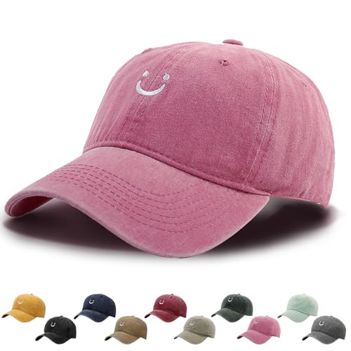 WENAUANG Retro Damen Baseball Cap Baumwolle, Mit Smiley-Stickerei, Basecap Im Washed-Distressed-Look, Schatten Spenden Cap, Geeignet für Outdoor-Sportarten, für Herren und Damen von WENAUANG