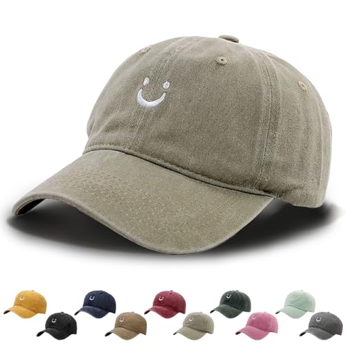 WENAUANG Retro Damen Baseball Cap Baumwolle, Mit Smiley-Stickerei, Basecap Im Washed-Distressed-Look, Schatten Spenden Cap, Geeignet für Outdoor-Sportarten, für Herren und Damen von WENAUANG