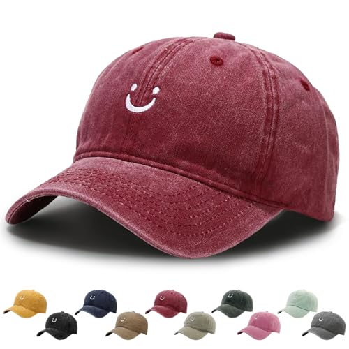WENAUANG Retro Damen Baseball Cap Baumwolle, Mit Smiley-Stickerei, Basecap Im Washed-Distressed-Look, Schatten Spenden Cap, Geeignet für Outdoor-Sportarten, für Herren und Damen von WENAUANG