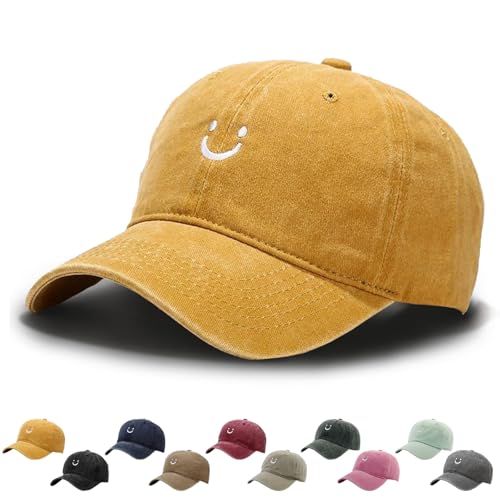 WENAUANG Retro Damen Baseball Cap Baumwolle, Mit Smiley-Stickerei, Basecap Im Washed-Distressed-Look, Schatten Spenden Cap, Geeignet für Outdoor-Sportarten, für Herren und Damen von WENAUANG