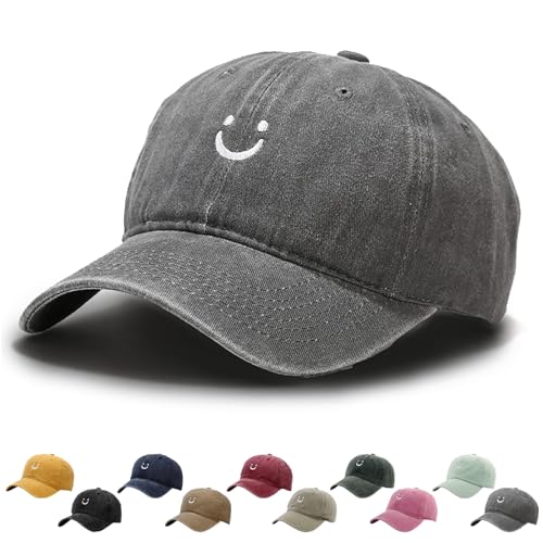 WENAUANG Retro Damen Baseball Cap Baumwolle, Mit Smiley-Stickerei, Basecap Im Washed-Distressed-Look, Schatten Spenden Cap, Geeignet für Outdoor-Sportarten, für Herren und Damen von WENAUANG