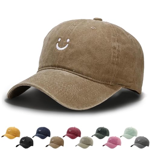 WENAUANG Retro Damen Baseball Cap Baumwolle, Mit Smiley-Stickerei, Basecap Im Washed-Distressed-Look, Schatten Spenden Cap, Geeignet für Outdoor-Sportarten, für Herren und Damen von WENAUANG