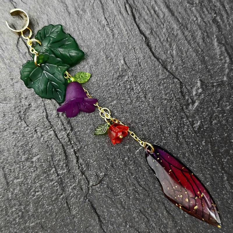 Dragonfly Xl Ear Cuff/Ohrmanschette Ohrschmuck, Eye Catcher Mit Großem Libellenflügel Und Blumen Anhänger Aus Acryl von WENDIGOberlin