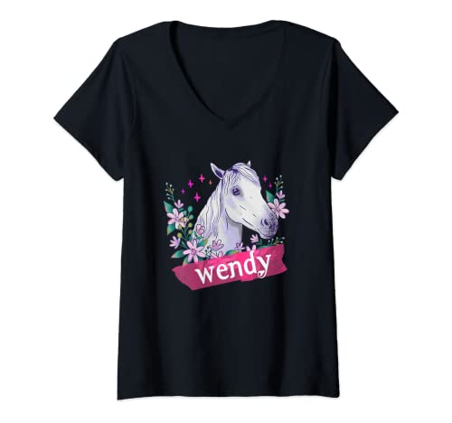 Damen WENDY - Schöner Mädchen Name mit schönem Pferd und Blumen T-Shirt mit V-Ausschnitt von WENDY Tochter Enkel Geburtstag Geschenkideen
