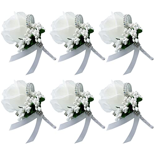 Handgelenk-Blume, 6 Stück, for Hochzeit, Boutonniere-Blume, Blumen-Anstecknadel, Boutonniere-Corsage-Zubehör, Mädchen, Männer, künstliche Rose, Corsage for Braut und Bräutigam (Size : White+Green) von WENFEN