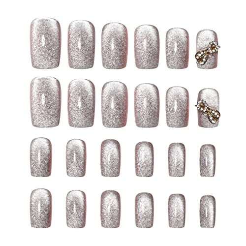 Tragendes Maniküre-Patch, Nagelspitzen for Gelverlängerungen, Katzenaugen-Handtragende Nagelmaniküre, fertige kurze Abschnitte, 24 Stück for Aufdrücken der Nägel (Silber-d, Einheitsgröße) (Color : Si von WENFEN