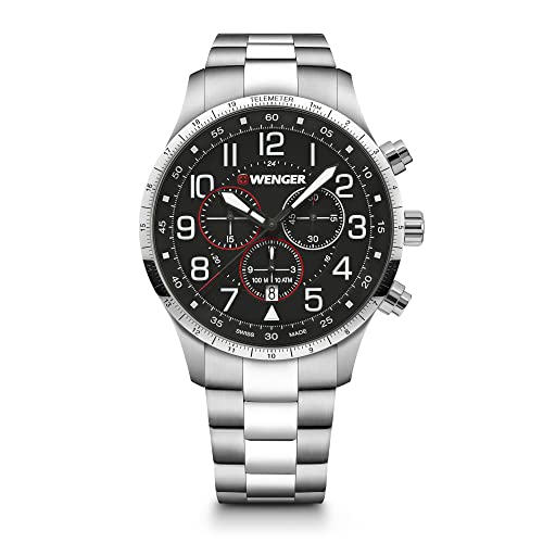 WENGER Herren Armbanduhr Attitude Chrono, Edelstahl-Armband, Analog Quarz, Wasserdicht bis 100m, Ø 42mm, Swiss Made, Silber/Schwarz, 01.1543.120 von WENGER