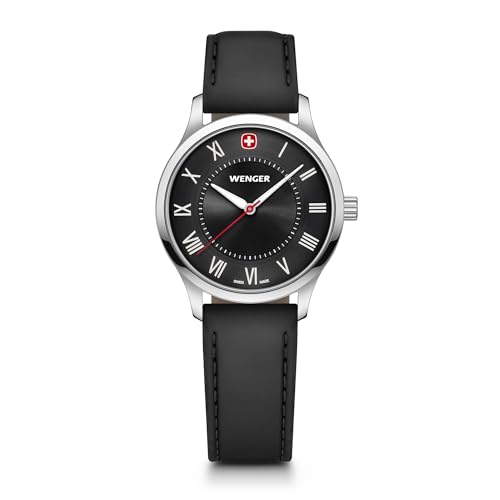 WENGER Damen Armbanduhr City Classic Ø 34mm, Swiss Made, Analog Quarz, Wasserdicht bis 50m, Kunstleder-Armband, Schwarz, 01.1421.123 von WENGER