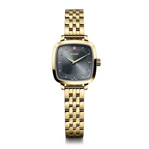 WENGER Damen Armbanduhr Vintage Classic Ø 27 mm, Swiss Made, Analog Quarz, Wasserdicht bis 50 m, Edelstahl-Armband, Gold/Schwarz, 01.1911.106 von WENGER