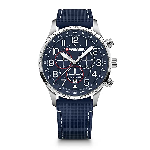 WENGER Herren Armbanduhr Attitude Chronograph Ø 44mm, Swiss Made, Analog Quarz, Wasserdicht bis 100m, Silikon-Armband, Blau, 01.1543.117 von WENGER