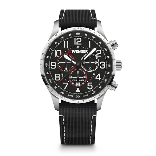 WENGER Herren Armbanduhr Attitude Chronograph Ø 44mm, Swiss Made, Analog Quarz, Wasserdicht bis 100m, Silikon-Armband, Schwarz, 01.1543.119 von WENGER