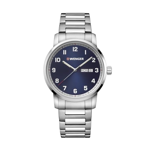 WENGER Herren Armbanduhr Attitude Ø 42 mm, Swiss Made, Analog Quarz, Wasserdicht bis 100 m, Edelstahl-Armband, Blau/Silber, 01.1541.121 von WENGER
