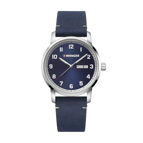 WENGER Herren Armbanduhr Attitude Ø 42 mm, Swiss Made, Analog Quarz, Wasserdicht bis 100 m, Leder-Armband, Blau/Silber, 01.1541.115 von WENGER