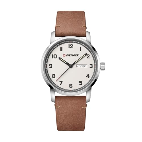WENGER Herren Armbanduhr Attitude Ø 42 mm, Swiss Made, Analog Quarz, Wasserdicht bis 100 m, Leder-Armband, Creme/Braun, 01.1541.117 von WENGER