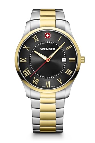 WENGER Herren Armbanduhr City Classic Ø 42mm, Swiss Made, Analog Quarz, Wasserdicht bis 50m, Edelstahl-Armband, Schwarz/Gold/Silber, 01.1441.142 von WENGER