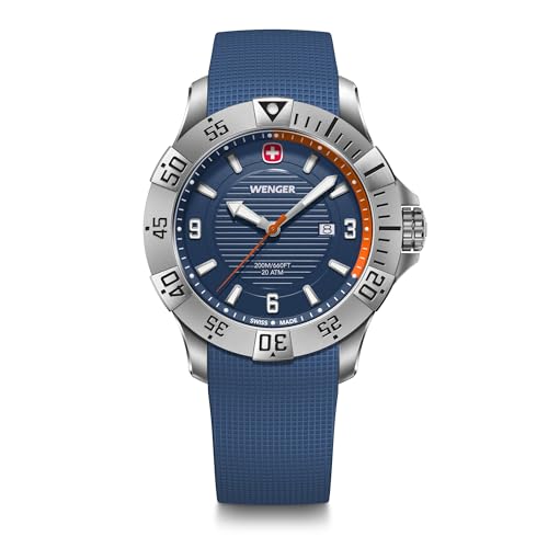 WENGER Herren Armbanduhr Seaforce, Ø 43 mm, Swiss Made, Analog Quarz, Wasserdicht bis 200 m, Silikon-Armband, Blau, 01.0641.140 von WENGER