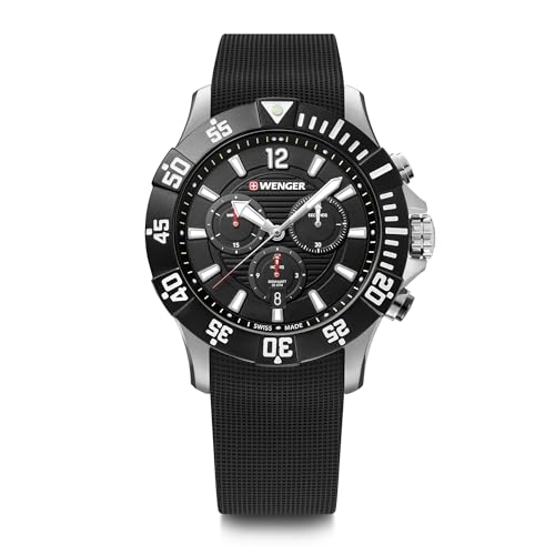 WENGER Herren Armbanduhr Seaforce Chronograph Ø 43 mm, Swiss Made, Analog Quarz, Wasserdicht bis 200 m, Silikon-Armband, Schwarz, 01.0643.118 von WENGER