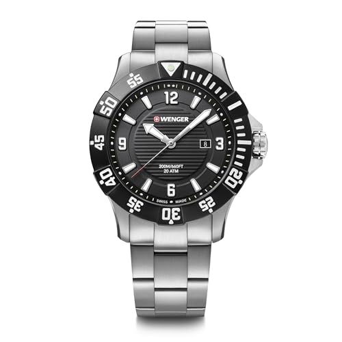 WENGER Herren Armbanduhr Seaforce Ø 43mm, Swiss Made, Analog Quarz, Wasserdicht bis 200m, Edelstahl-Armband, Schwarz/Silber, 01.0641.131 von WENGER