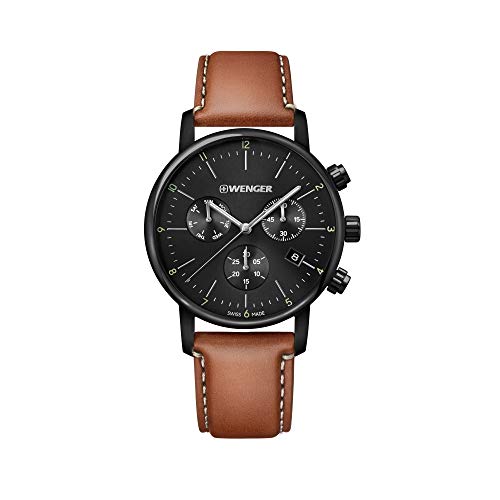 WENGER Herren Armbanduhr Urban Classic Chronograph Ø 44mm, Swiss Made, Analog Quarz, Wasserdicht bis 100m, Leder-Armband, Braun/Schwarz, 01.1743.115 von WENGER