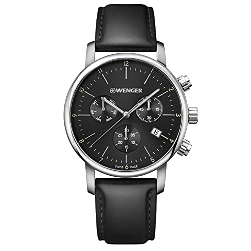 WENGER Herren Armbanduhr Urban Classic Chronograph Ø 44mm, Swiss Made, Analog Quarz, Wasserdicht bis 100m, Leder-Armband, Schwarz, 01.1743.102 von WENGER