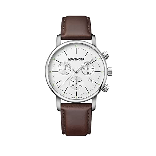 WENGER Herren Armbanduhr Urban Classic Chronograph Ø 44mm, Swiss Made, Analog Quarz, Wasserdicht bis 100m, Leder-Armband, Silberweiß/Braun, 01.1743.101 von WENGER