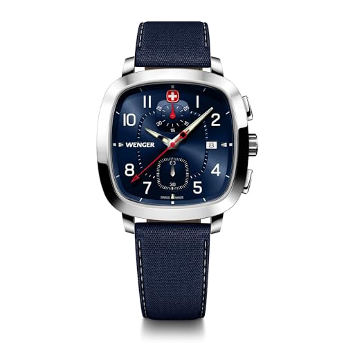 WENGER Herren Armbanduhr Vintage Sport Chrono Ø 40mm, Swiss Made, Analog Quarz, Wasserdicht bis 50m, Blau, 01.1933.110 von WENGER